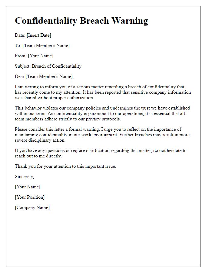 Letter template of confidentiality breach warning for team members