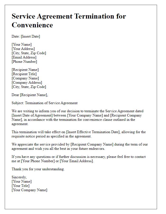 Letter template of service agreement termination for convenience.