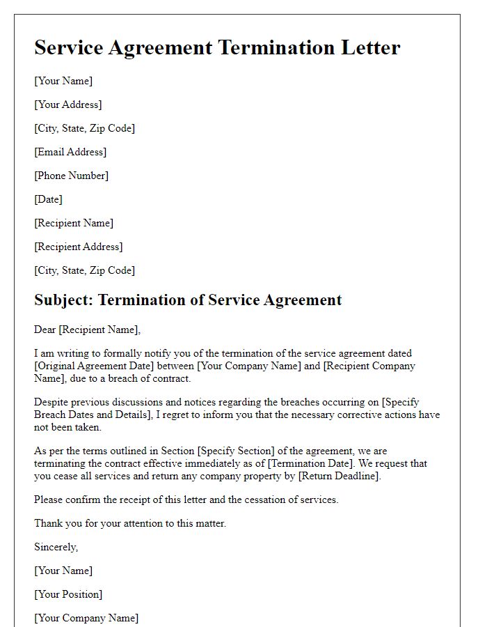 Letter template of service agreement termination due to breach.