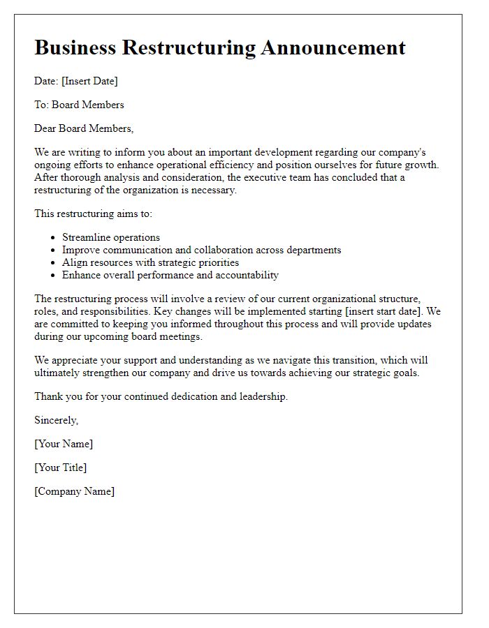 Letter template of business restructuring announcement for board members.