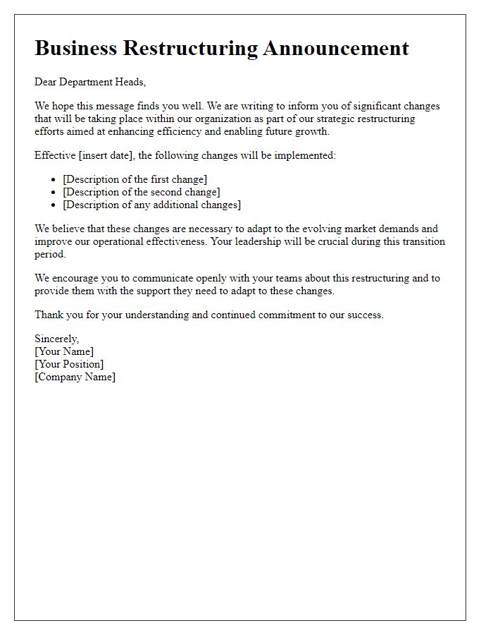 Letter template of business restructuring announcement for department heads.