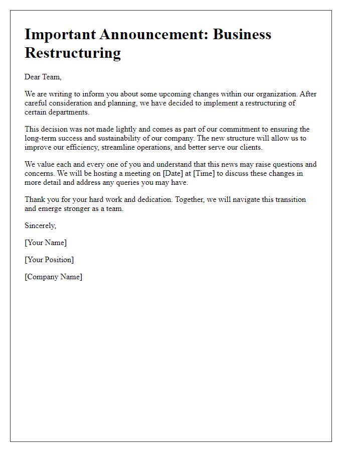 Letter template of business restructuring announcement for employees.