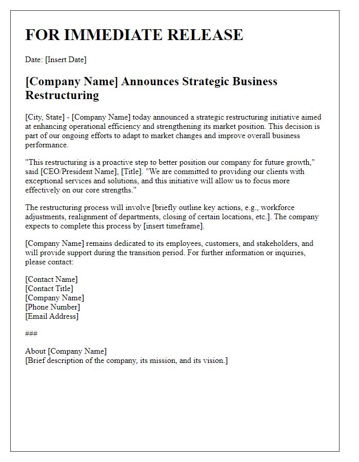 Letter template of business restructuring announcement for the media.