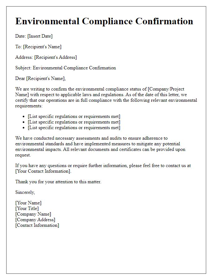 Letter template of Environmental Compliance Confirmation for Legal Documentation