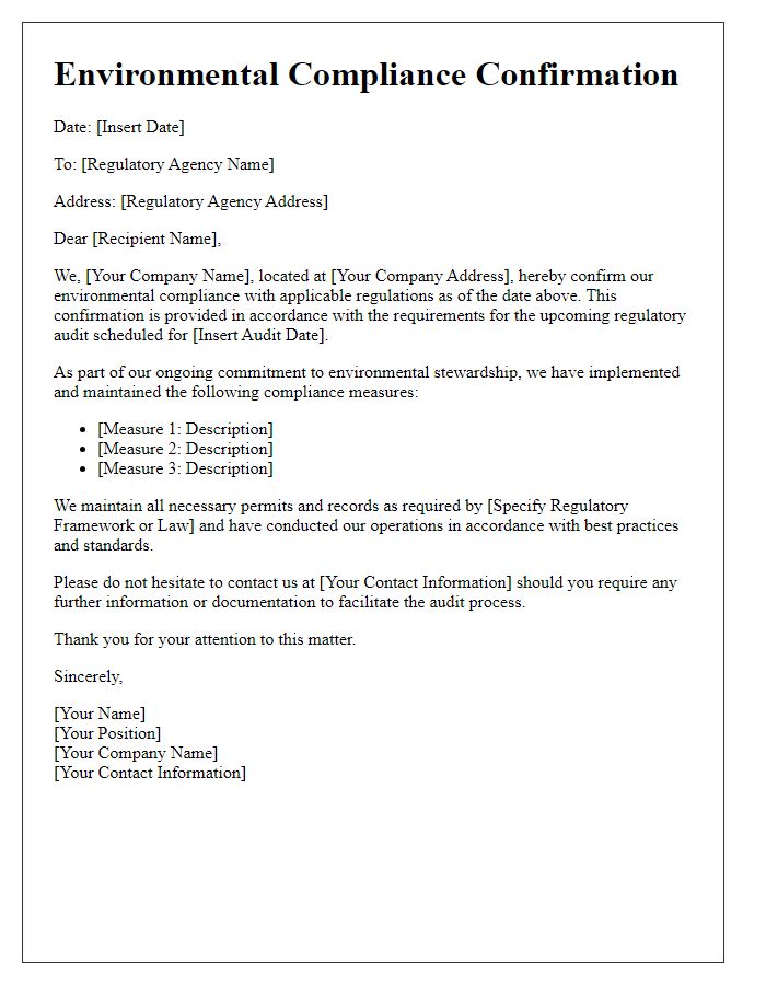 Letter template of Environmental Compliance Confirmation for Regulatory Audits