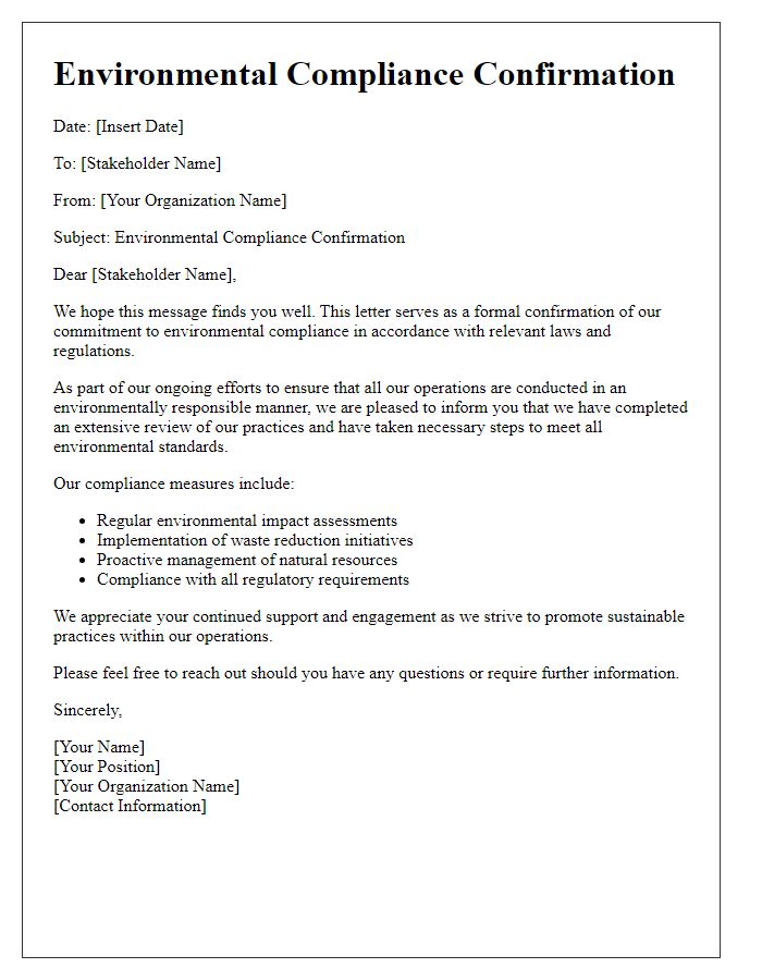 Letter template of Environmental Compliance Confirmation for Stakeholder Communication