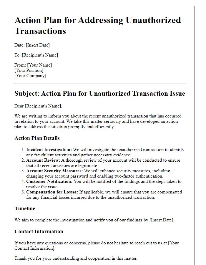 Letter template of Action Plan for Addressing Unauthorized Transaction