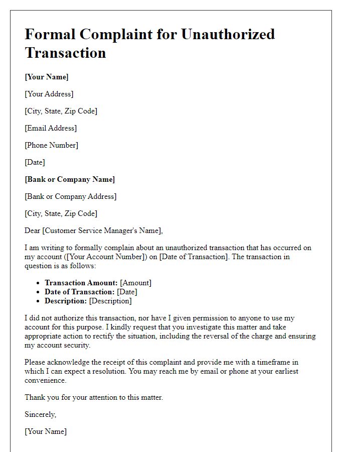 Letter template of Formal Complaint for Unauthorized Transaction