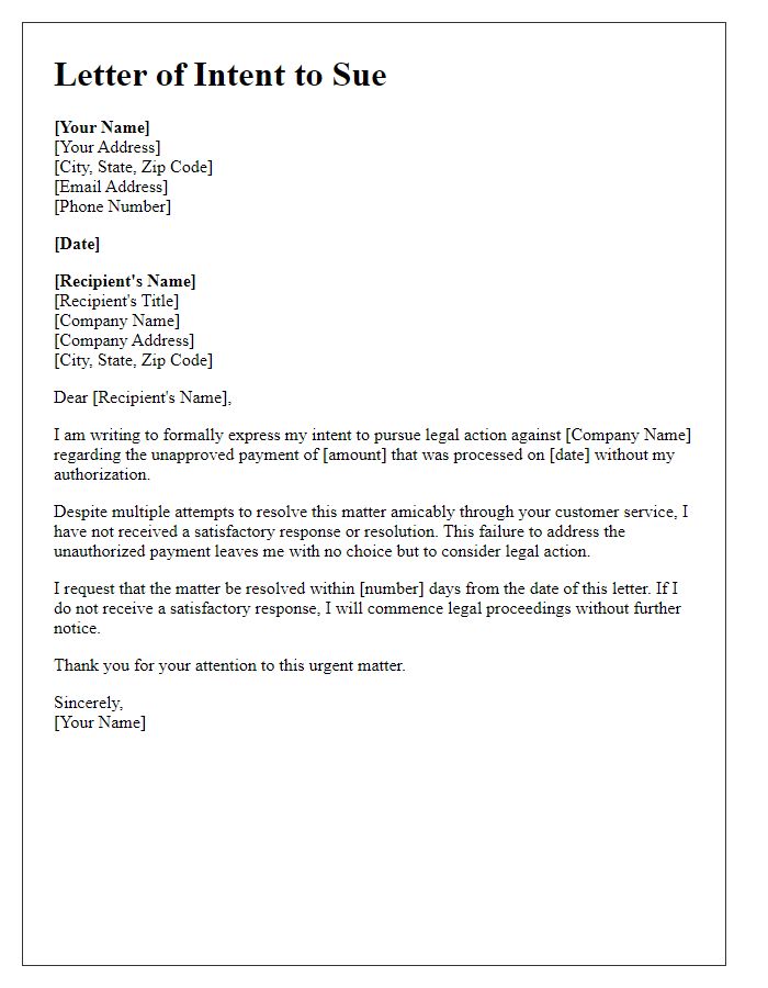 Letter template of Intent to Sue for Unapproved Payment