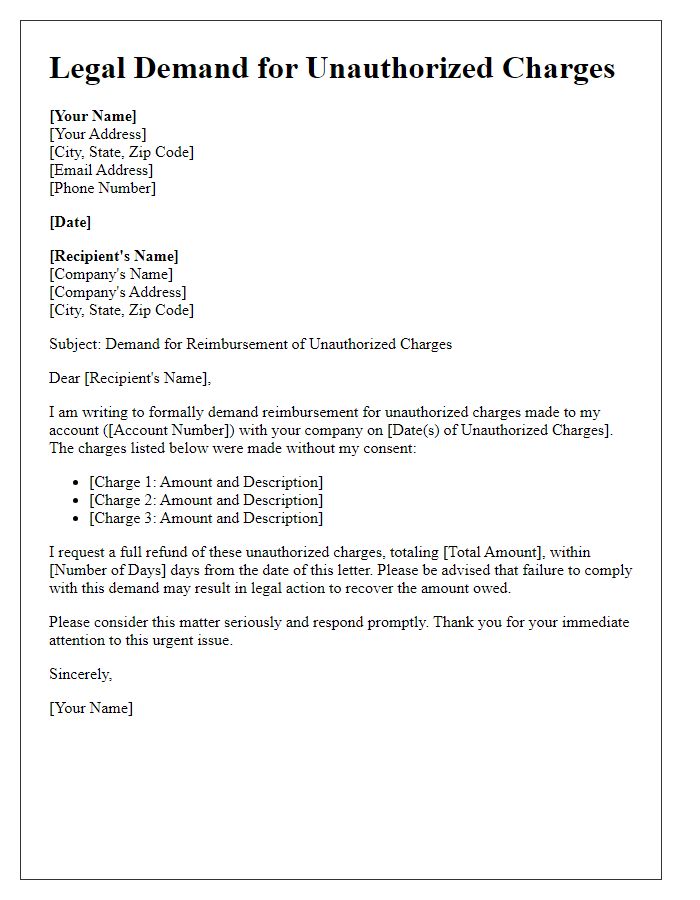 Letter template of Legal Demand for Unauthorized Charges