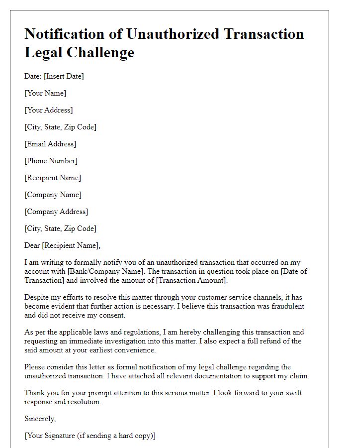 Letter template of Notification of Unauthorized Transaction Legal Challenge