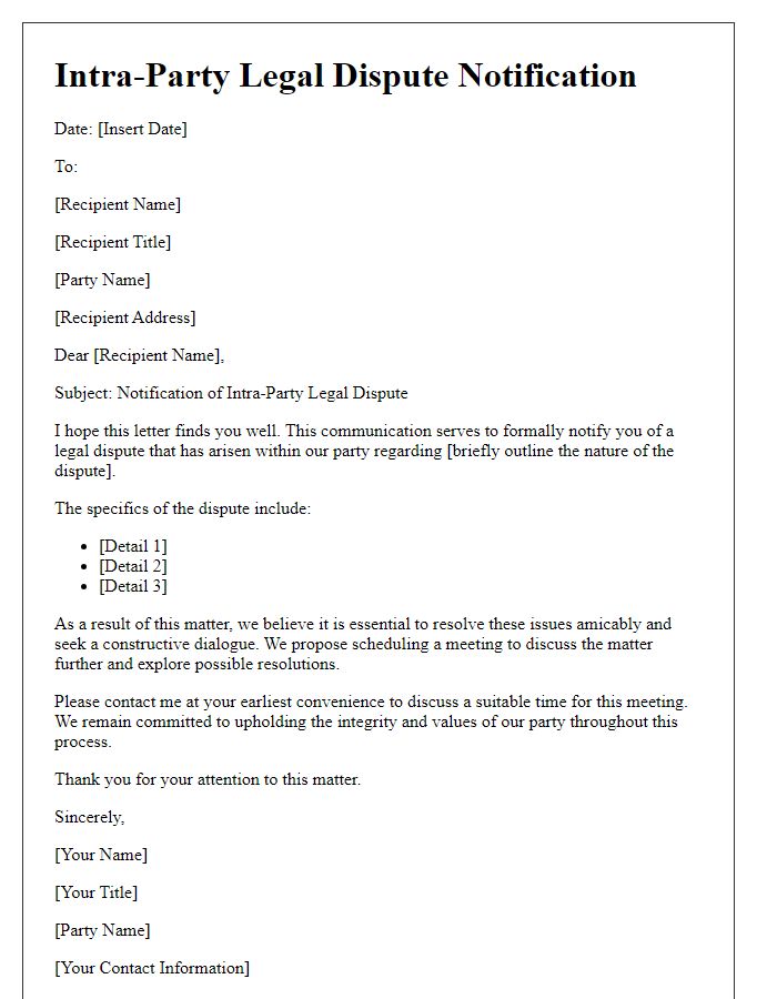 Letter template of intra-party legal dispute notification