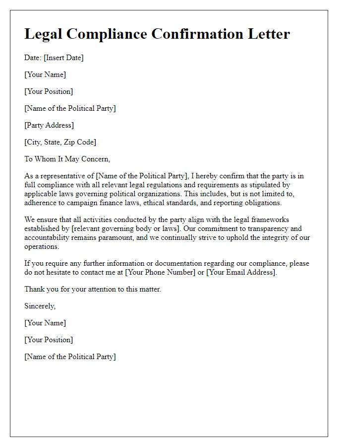 Letter template of legal compliance confirmation within political party