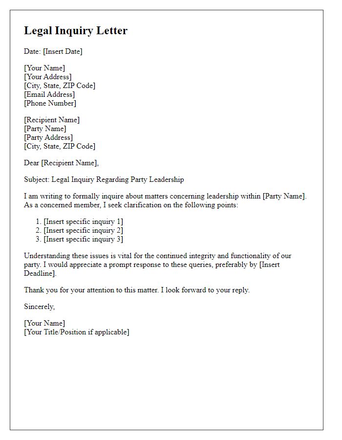 Letter template of legal inquiry letter for party leadership