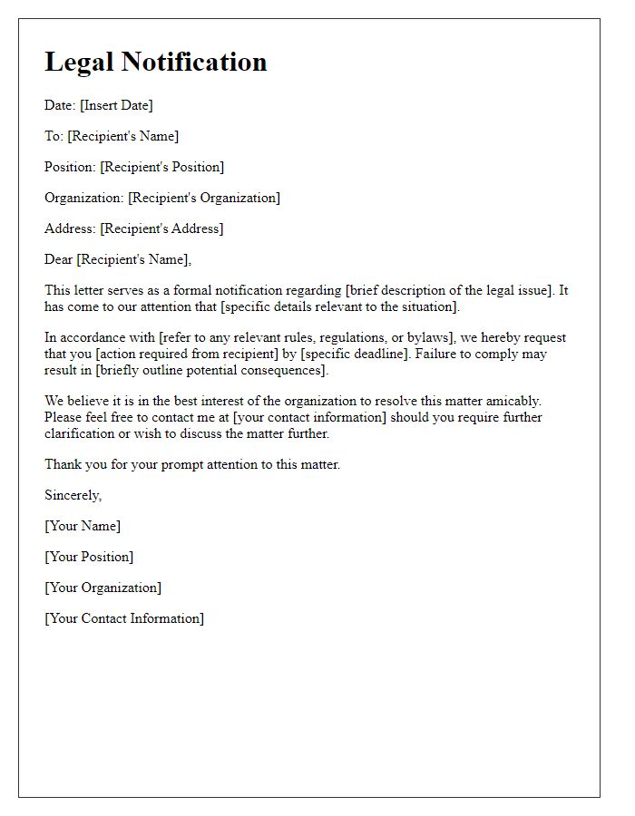 Letter template of legal notification within party organization