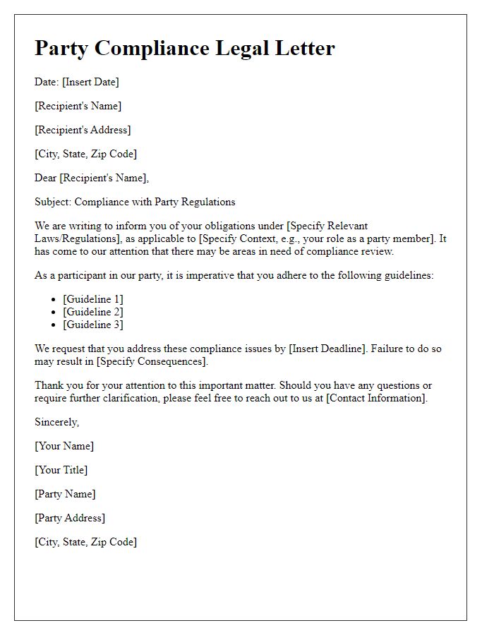 Letter template of party compliance legal letter