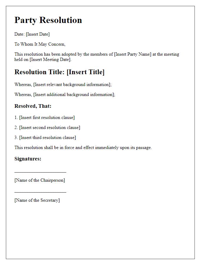 Letter template of party resolution legal documentation