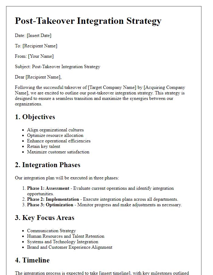 Letter template of Post-Takeover Integration Strategy