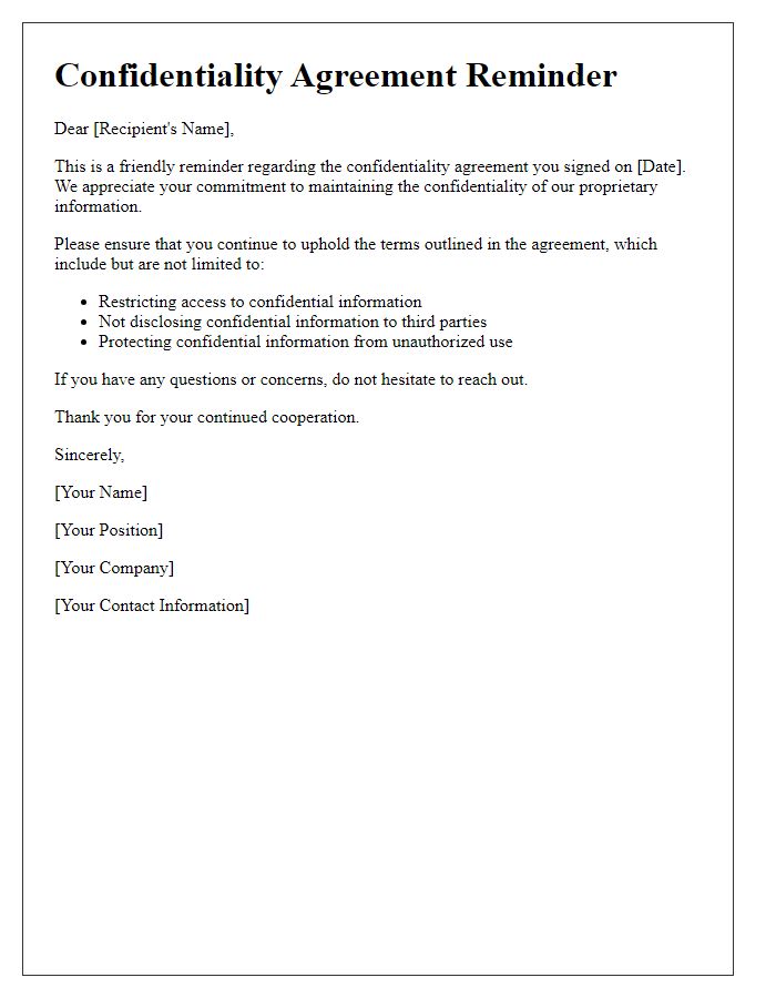 Letter template of confidentiality agreement reminder.