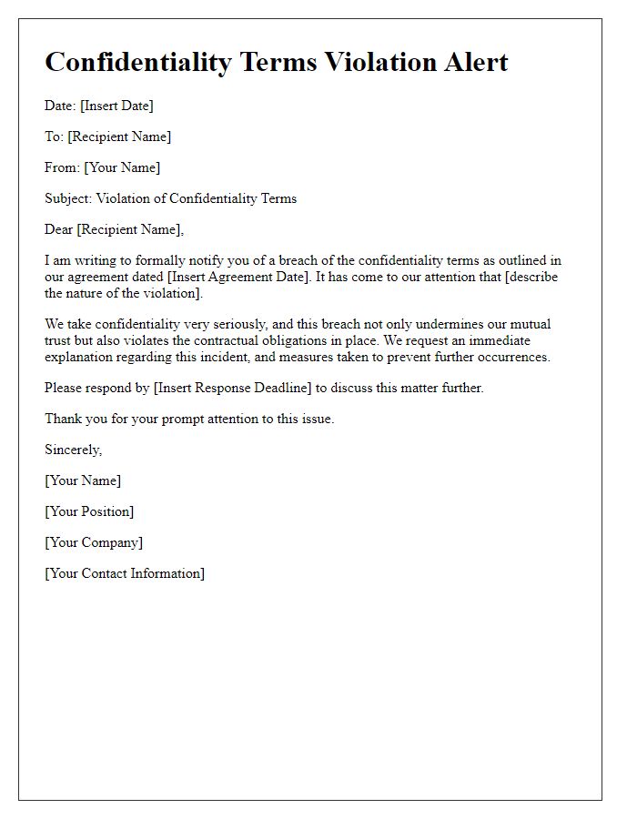 Letter template of confidentiality terms violation alert.