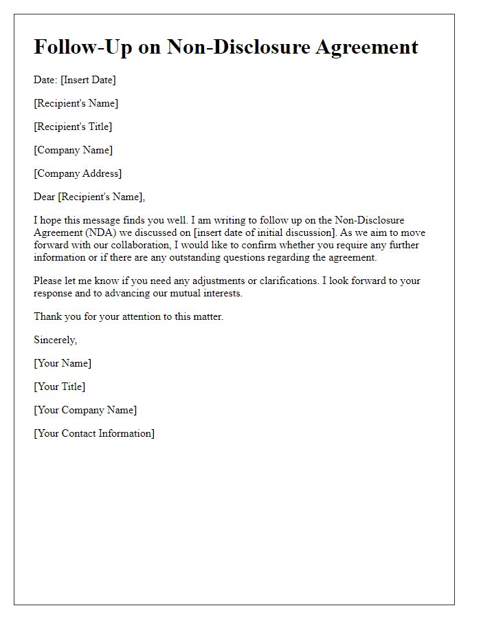 Letter template of non-disclosure agreement follow-up.