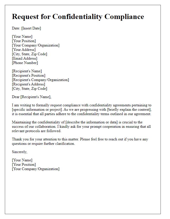 Letter template of request for confidentiality compliance.