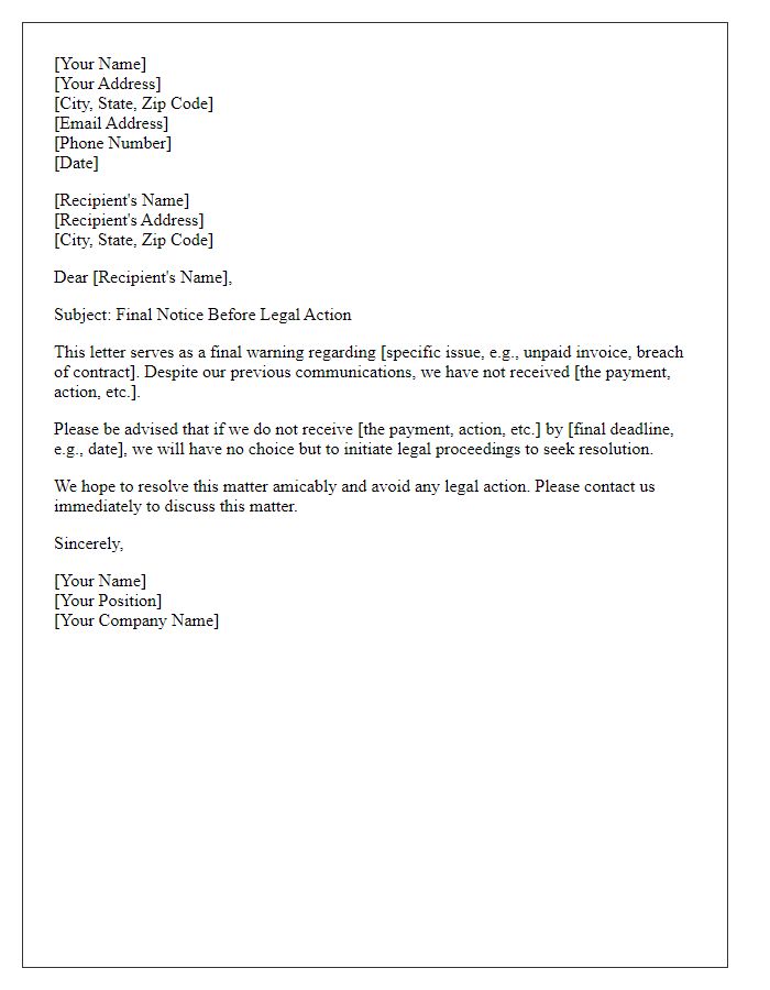 Letter template of last warning before lawsuit