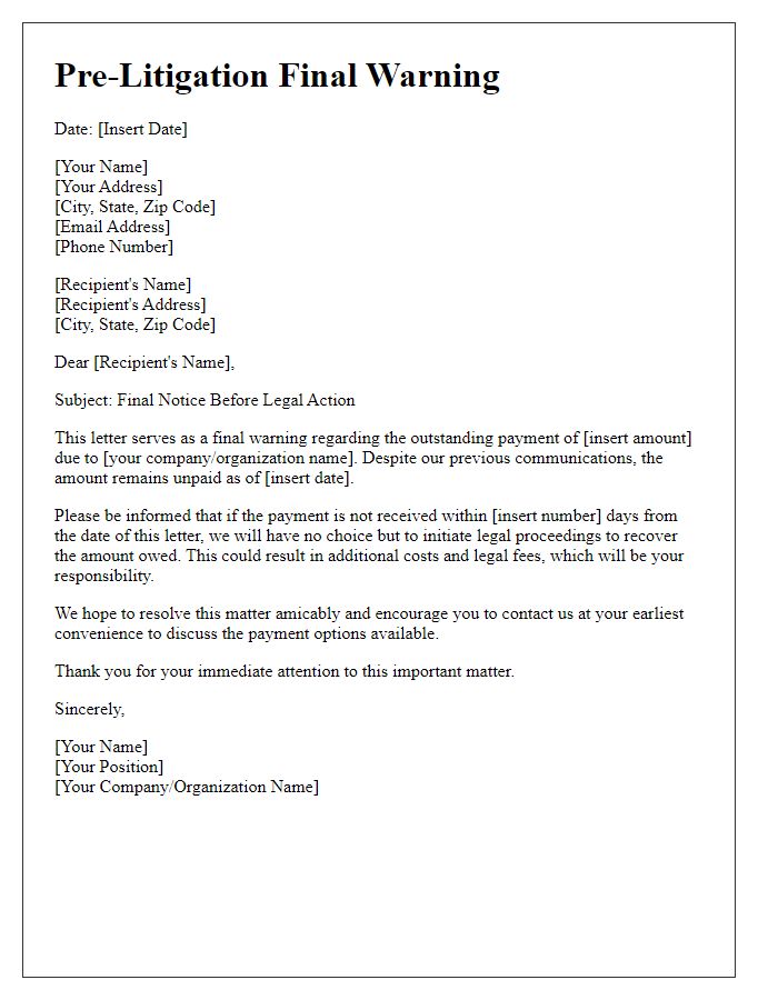 Letter template of pre-litigation final warning