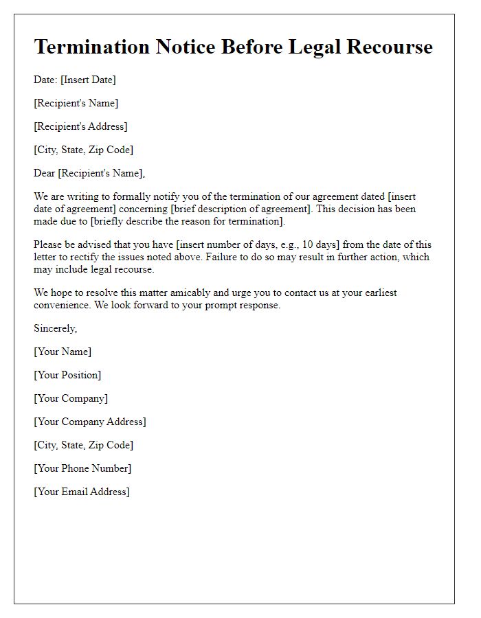 Letter template of termination notice before legal recourse