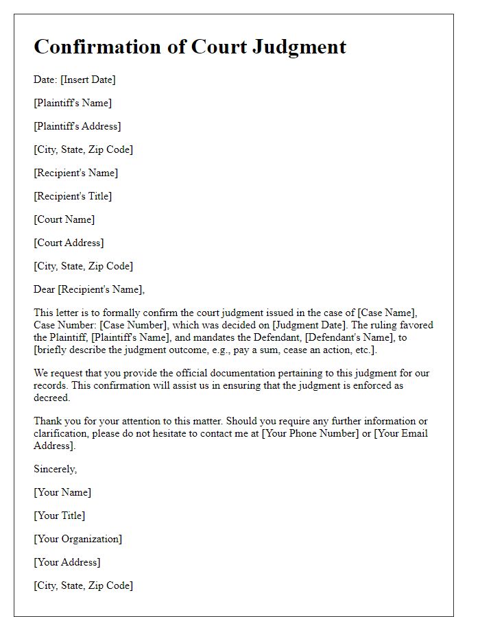 Letter template of Confirmation of Court Judgment for Plaintiff