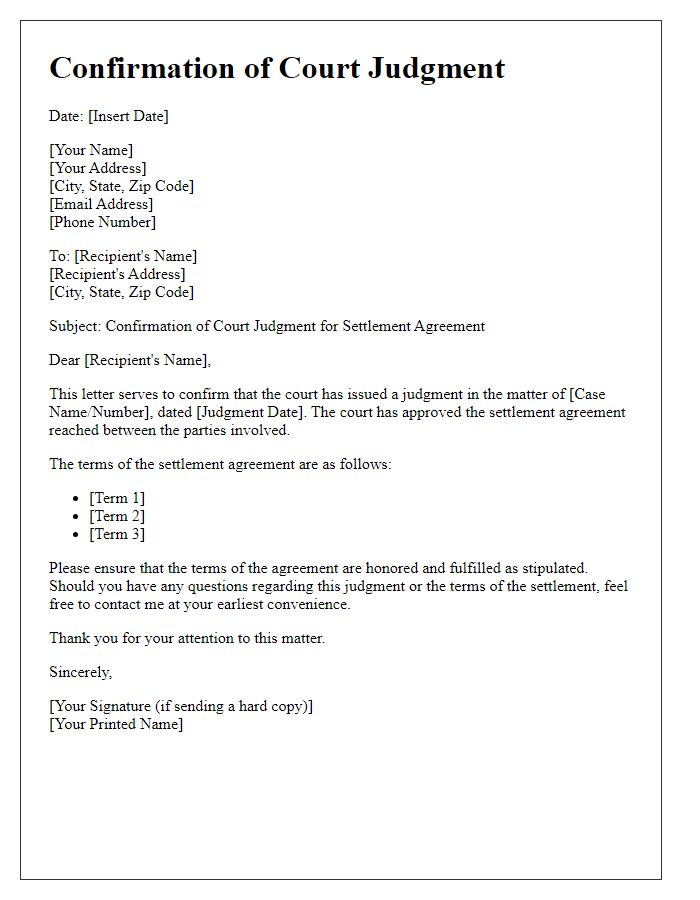 Letter template of Confirmation of Court Judgment for Settlement Agreement