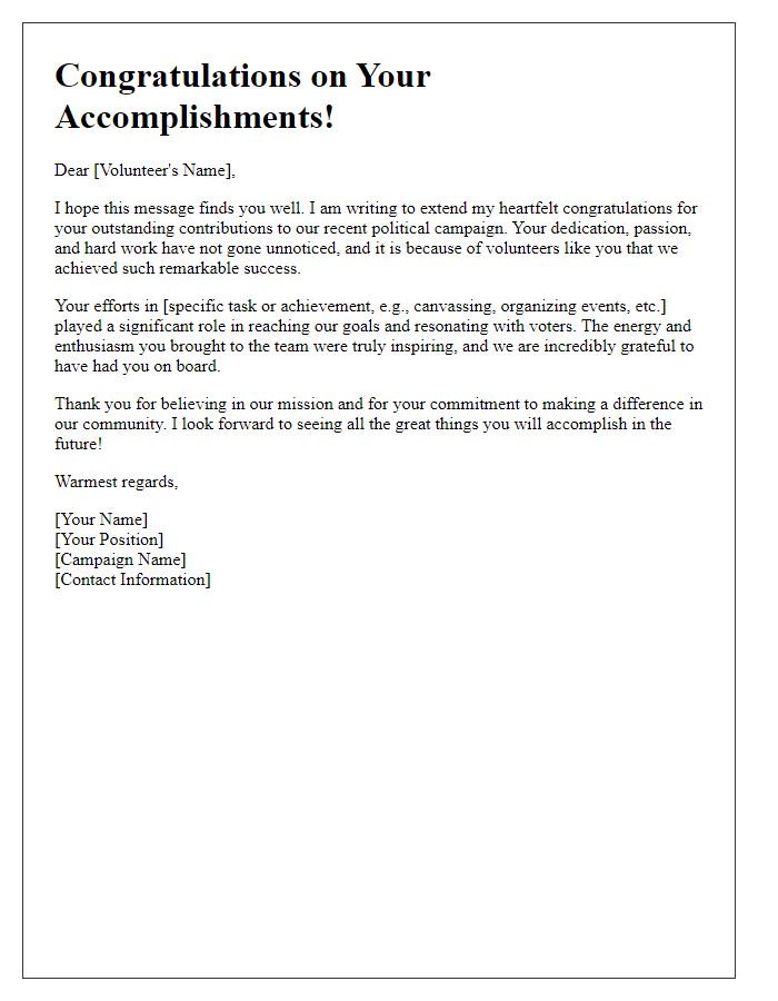 Letter template of congratulation for accomplishments of a political campaign volunteer