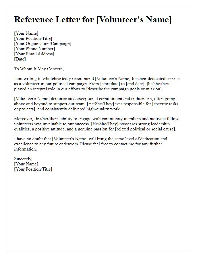 Letter template of reference for a dedicated political campaign volunteer