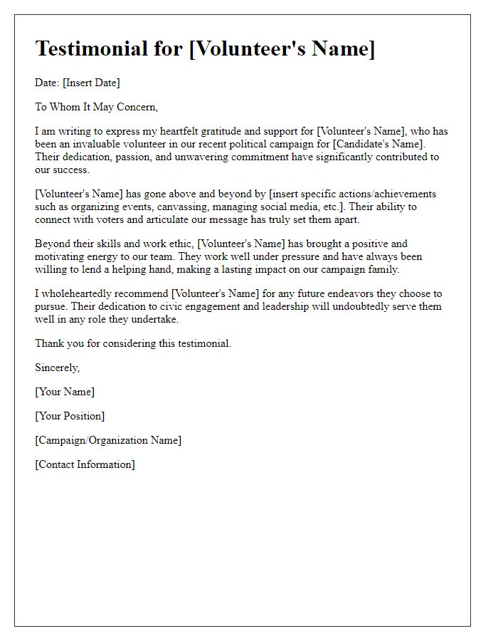 Letter template of testimonial for effective political campaign volunteer