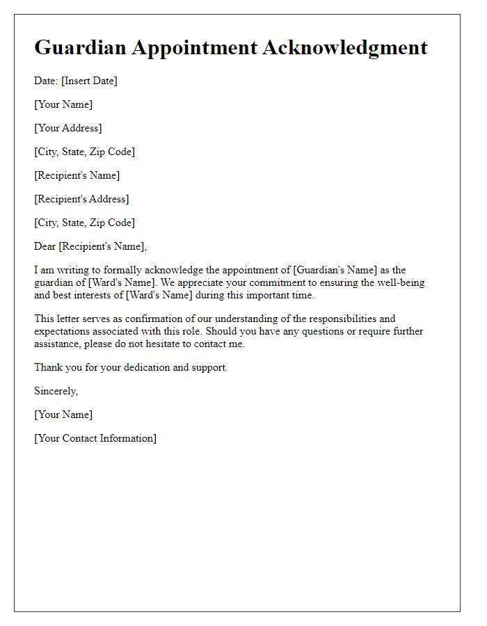 Letter template of Guardian Appointment Acknowledgment
