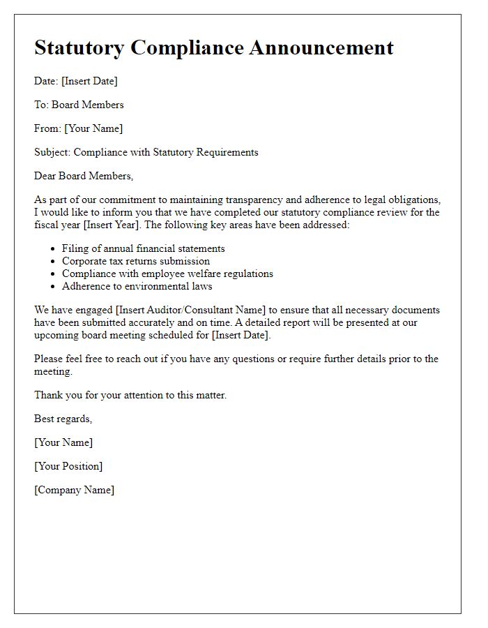 Letter template of statutory compliance announcement for board members