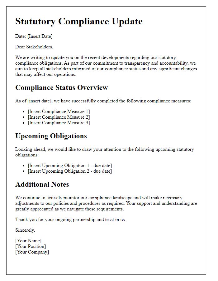 Letter template of statutory compliance update for stakeholders