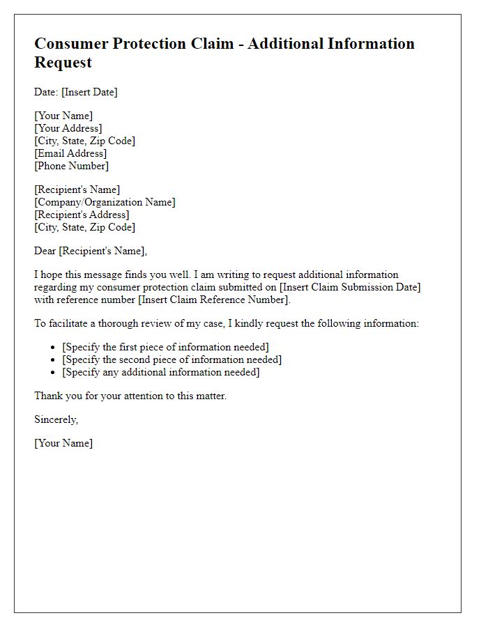 Letter template of additional information request for consumer protection claim