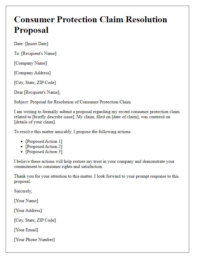 Letter template of resolution proposal for consumer protection claim