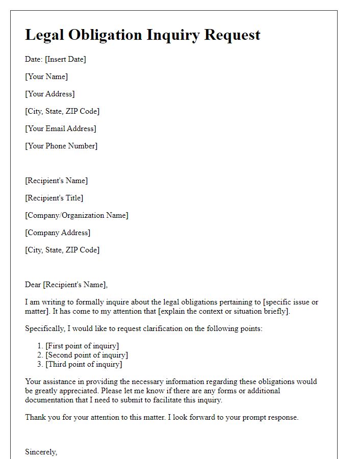 Letter template of legal obligation inquiry request