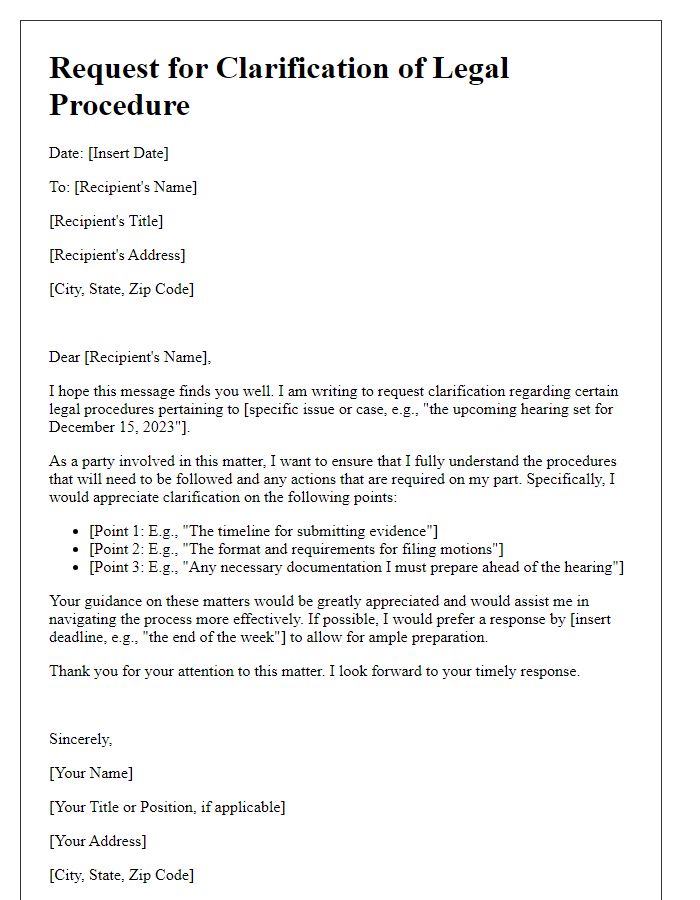 Letter template of legal procedure clarification request