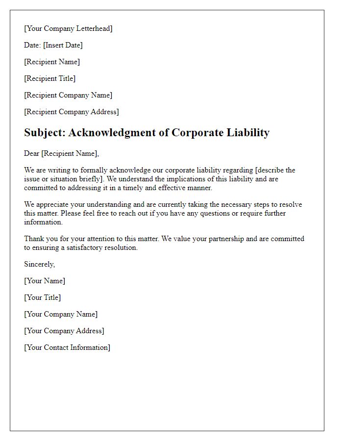 Letter template of Acknowledgment of Corporate Liability