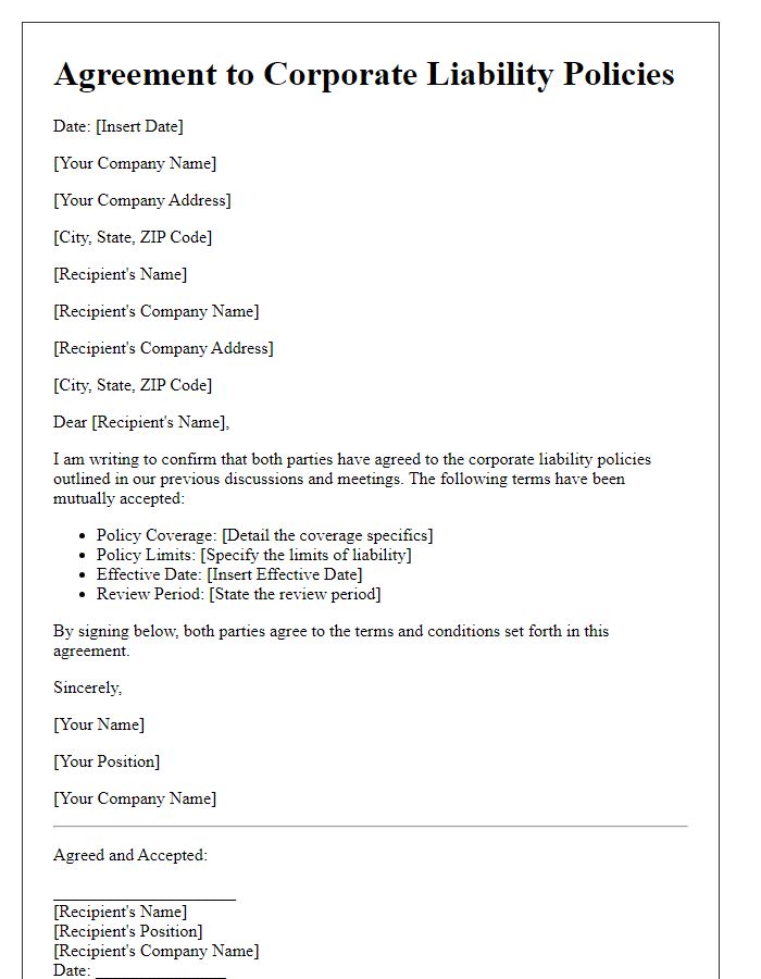 Letter template of Agreement to Corporate Liability Policies