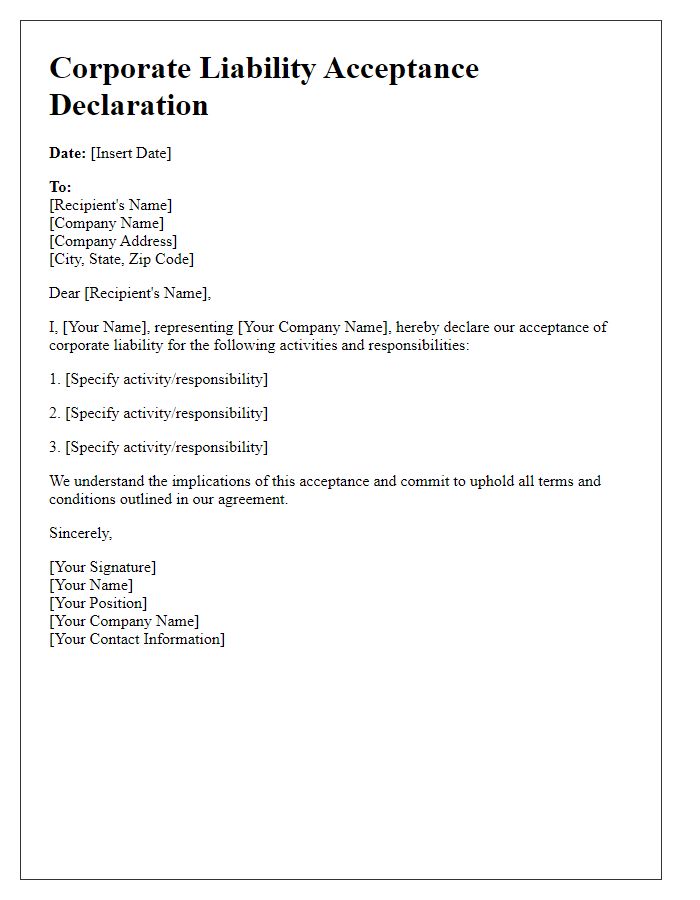 Letter template of Corporate Liability Acceptance Declaration