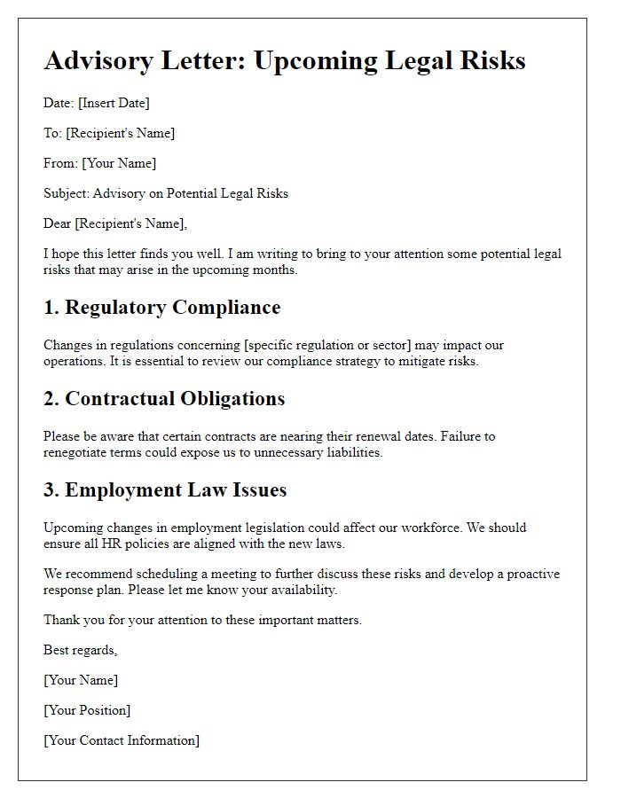 Letter template of advisory for upcoming legal risks.