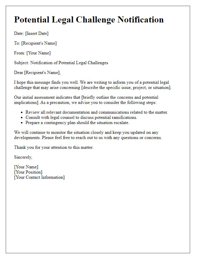 Letter template of alert for potential legal challenges.