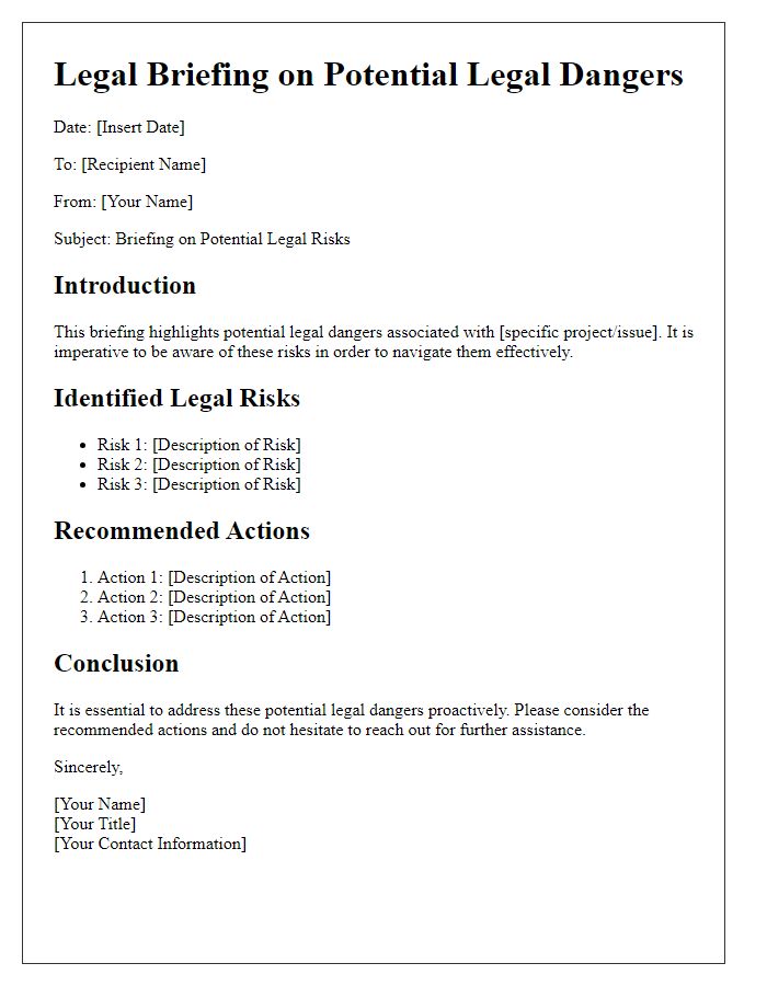 Letter template of briefing on potential legal dangers.