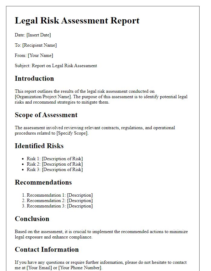 Letter template of report on legal risk assessment.