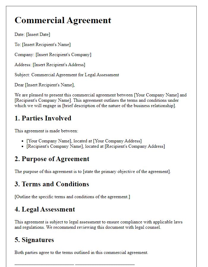 Letter template of commercial agreement for legal assessment