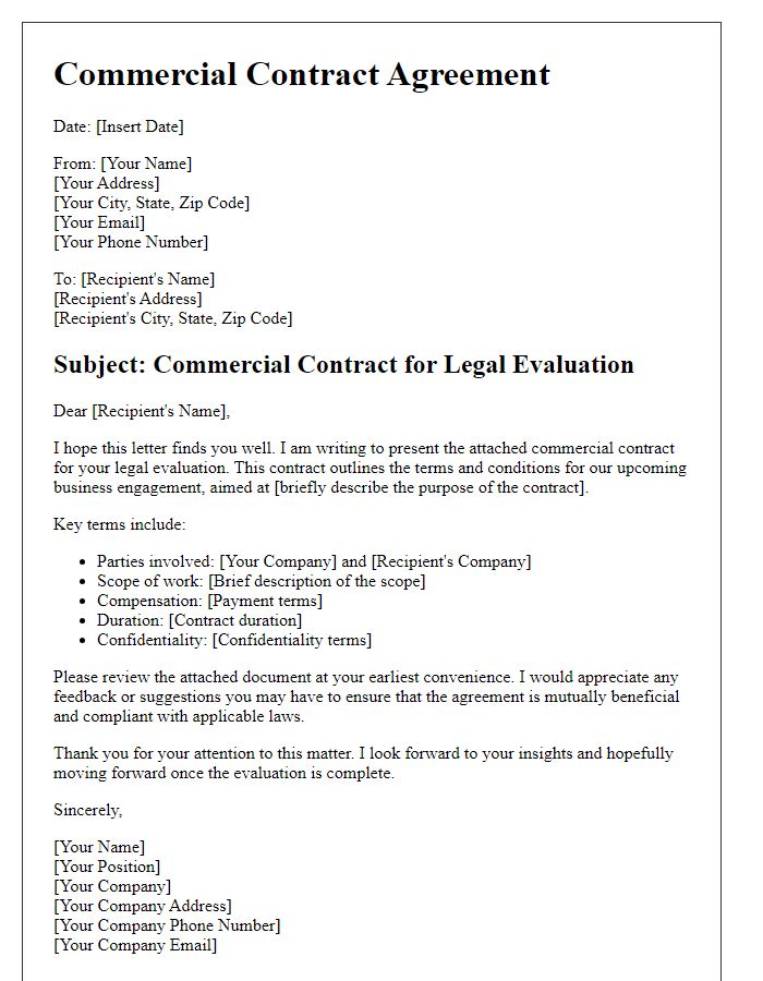 Letter template of commercial contract for legal evaluation